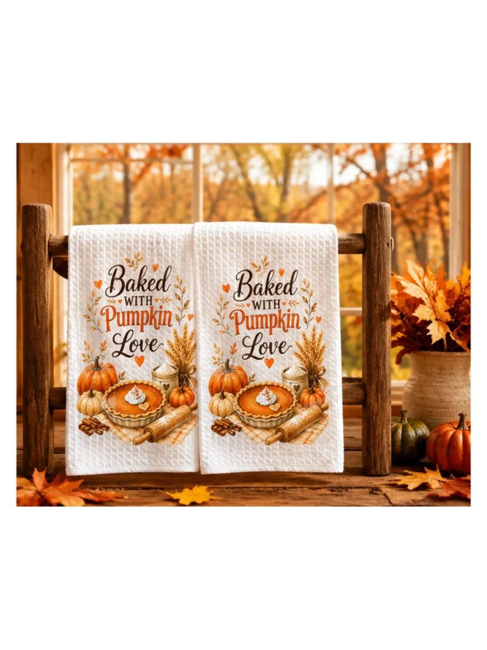 Baked With Pumpkin Love Kitchen Towel Set, Fall Baking Towel, Housewarming Gift